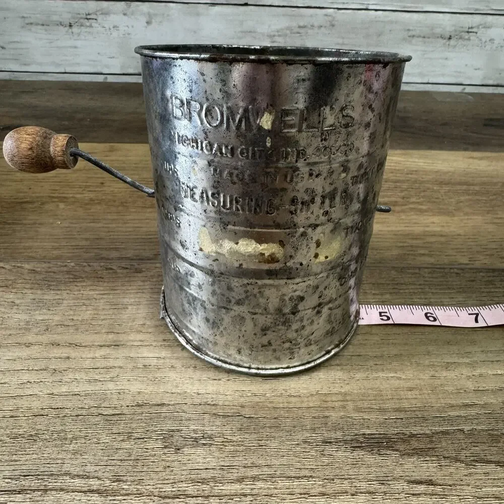 Vintage Bromwell's Measuring Cup Metal Flour Sifter Wood Handle